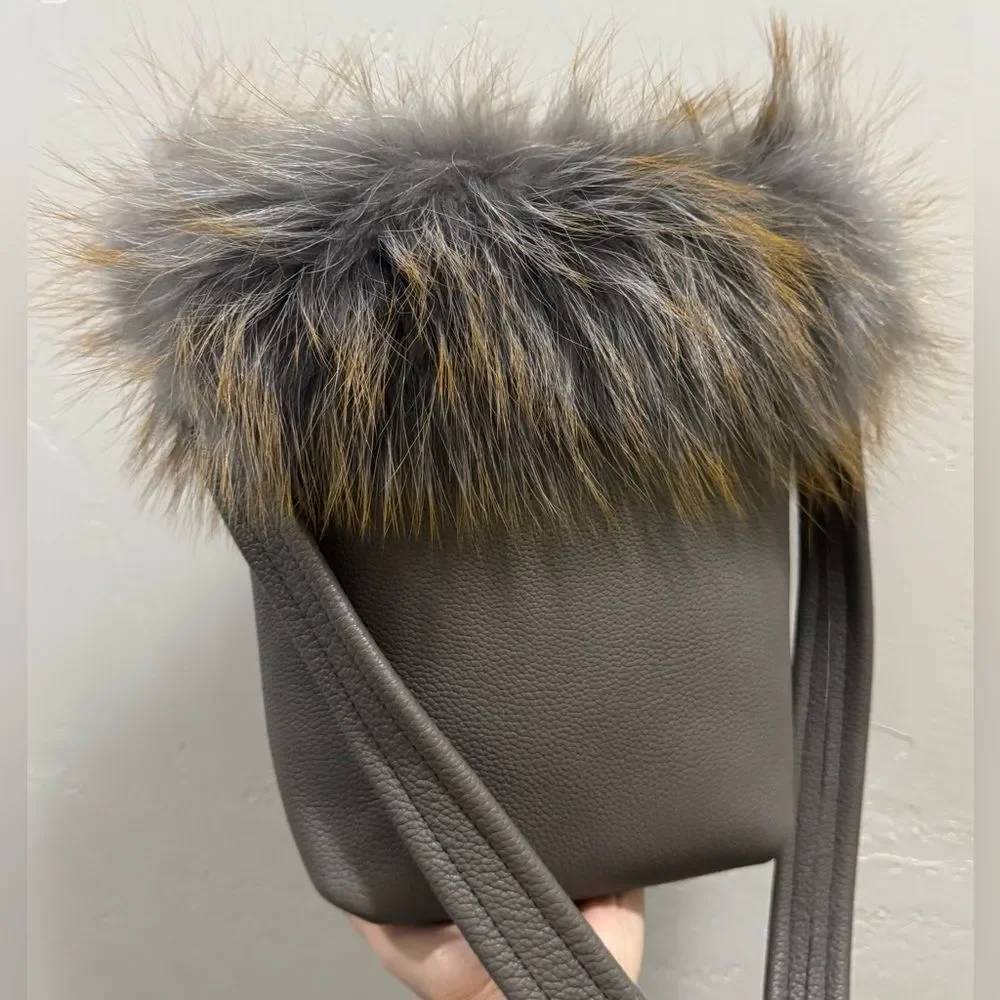 Premium Togo Cowhide with Real Fox Fur Trimmed Handmade Tote Bag/Crossbody